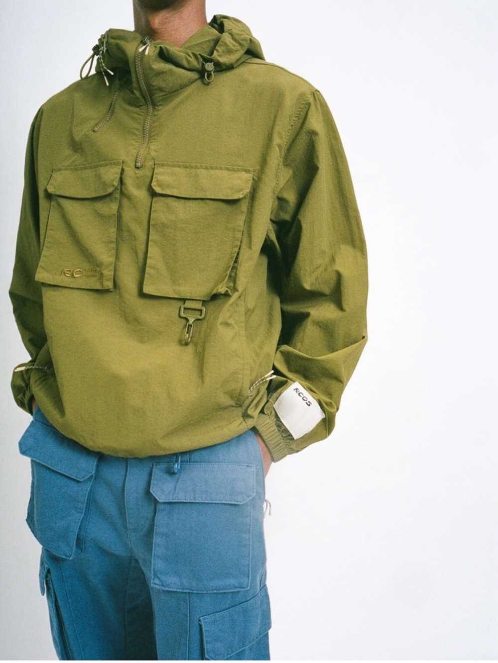 RC Outdoor Supply Anorak Jacket Mens Olive Green Hooded Quarter Zip Windbreaker
